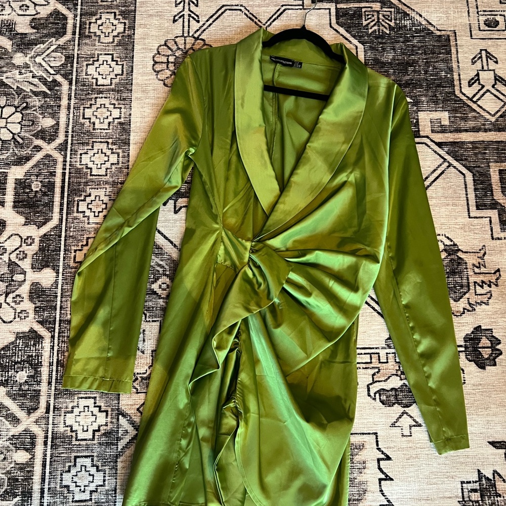 PrettyLittleThing Green Satin Wrap Dress